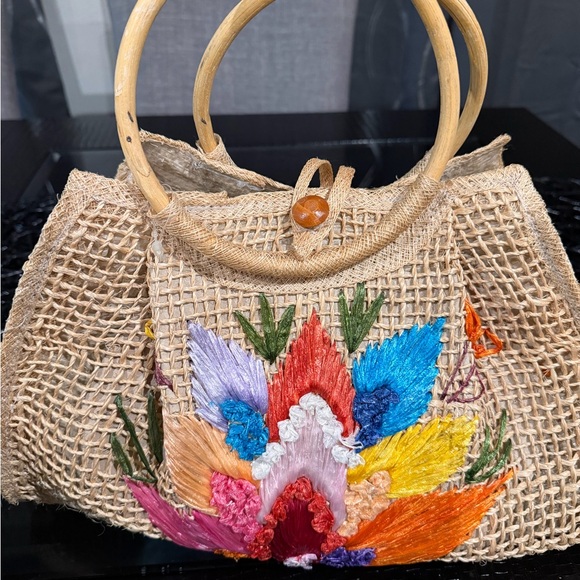 Handbags - Handcrafted Floral Jute Bag with Wooden Handles